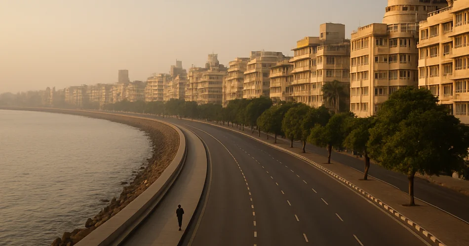 A curved coastal boulevard and promenade run beside the Arabian Sea in Mumbai.