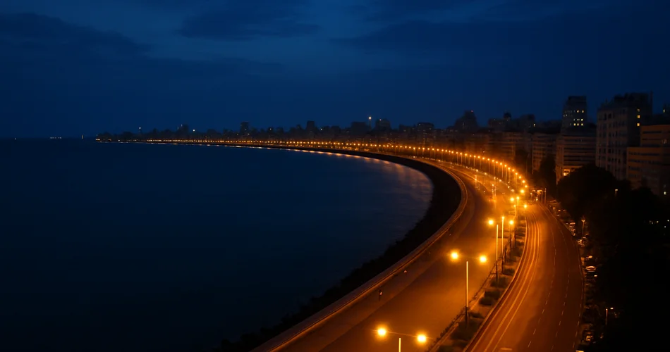 Shoreline lights trace the curve of Marine Drive at dusk.