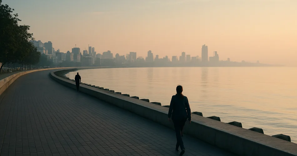 Distant walkers stroll along the Marine Drive promenade beside the calm sea.