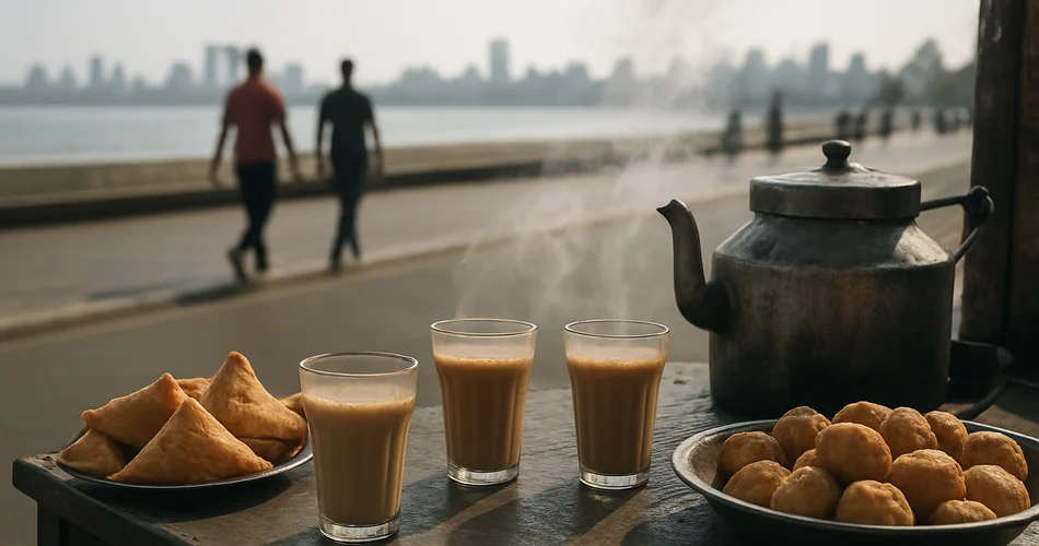 Steaming cups of chai and snacks sit at a roadside stall near Marine Drive.