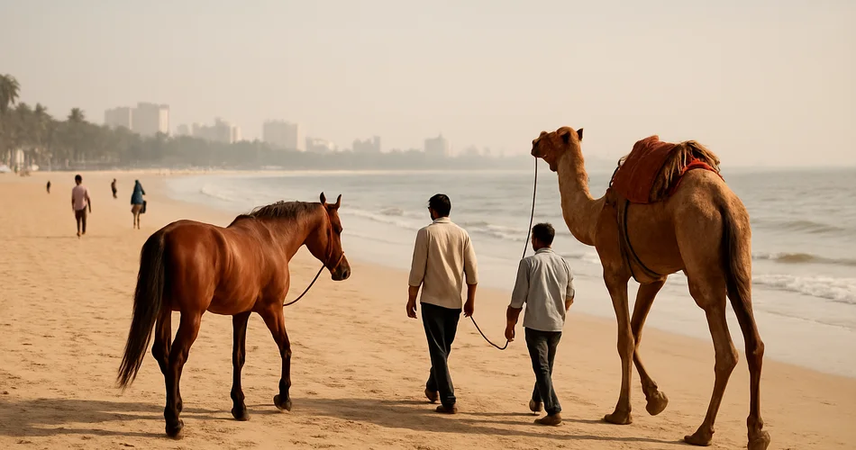 A horse and camel walk along the sandy shore with distant visitors nearby.