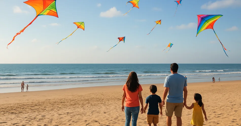 Colorful kites drift above beachgoers playing on the sand.