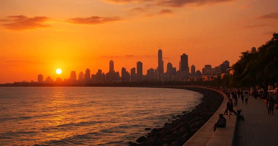 The Mumbai waterfront and distant skyline glow at sunset.