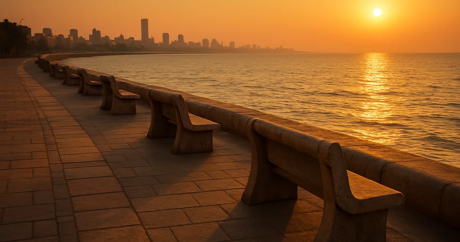 Stone benches overlook the Arabian Sea along a curving promenade.