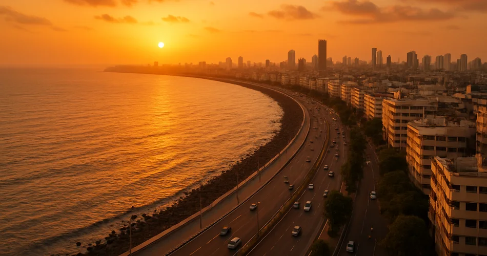 Mumbai’s curved shoreline and coastal road seen from above at sunset.