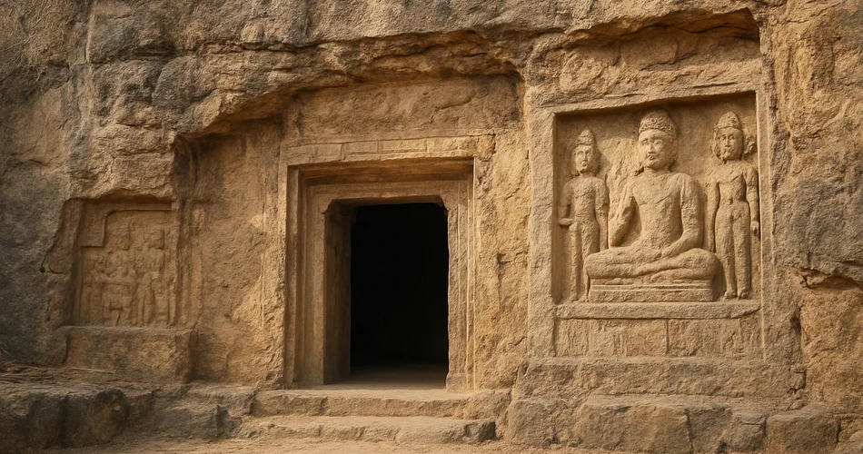 Weathered stone carvings frame the entrance to an ancient rock-cut cave.