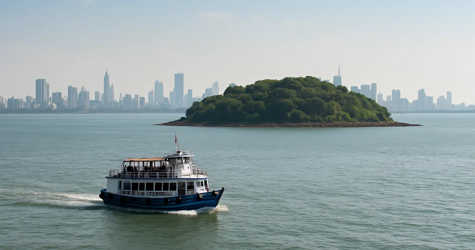 A passenger ferry crosses the harbor toward a green island.