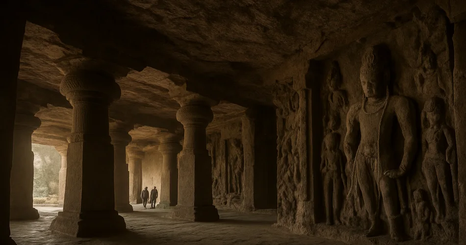 Carved pillars and reliefs fill the interior of a rock-cut cave.