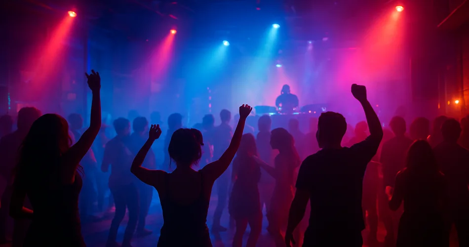 Distant silhouettes dance beneath colorful lights in a Mumbai nightclub.
