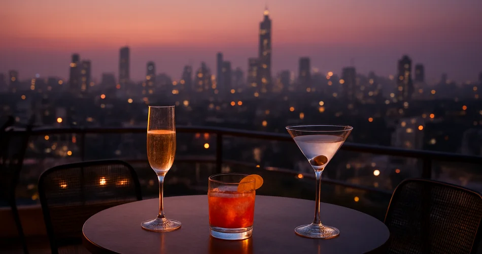 Drinks sit on a rooftop terrace overlooking Mumbai at dusk.