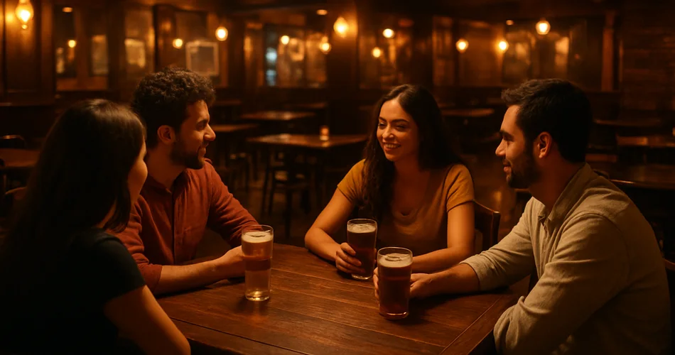 Friends seen from behind share drinks in a warmly lit pub.
