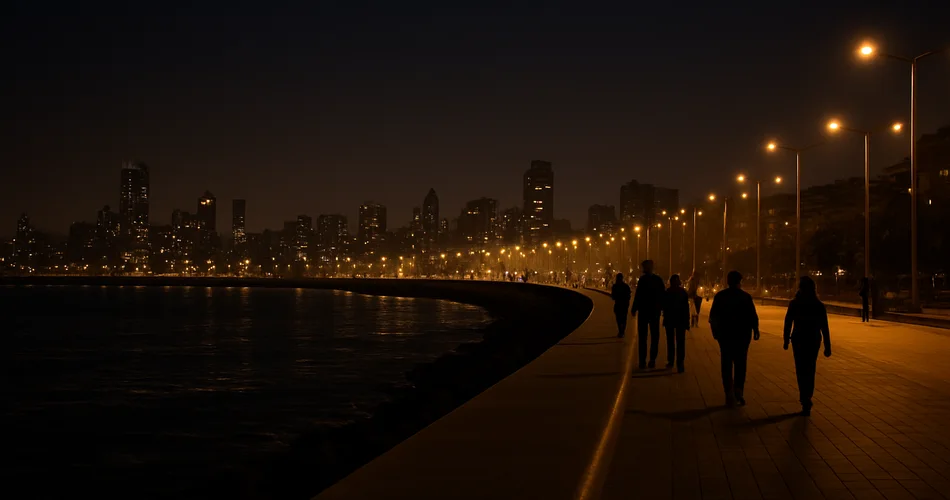 Distant silhouettes stroll along Mumbai’s illuminated seafront promenade.